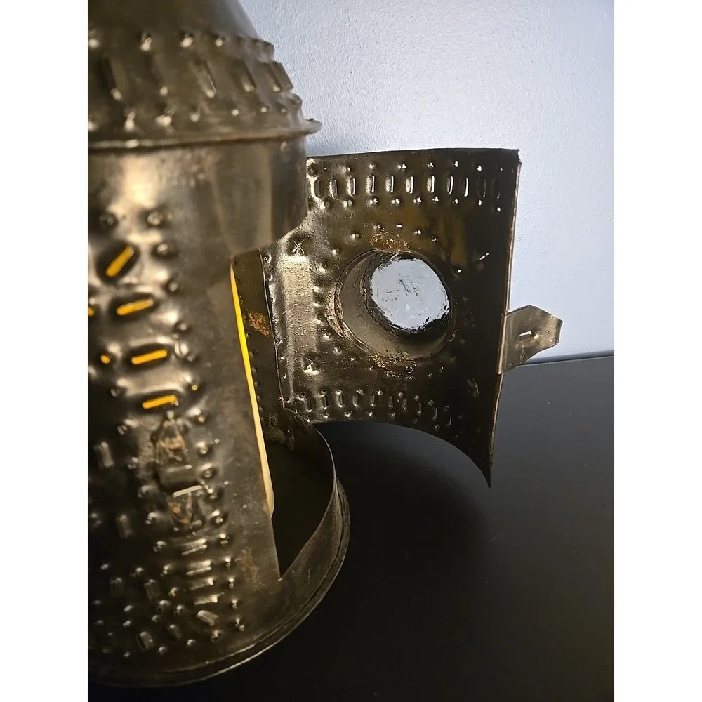Punched Tin Candle Lantern‎ Side Smoke Stack Double Glass Lenses Bullseye